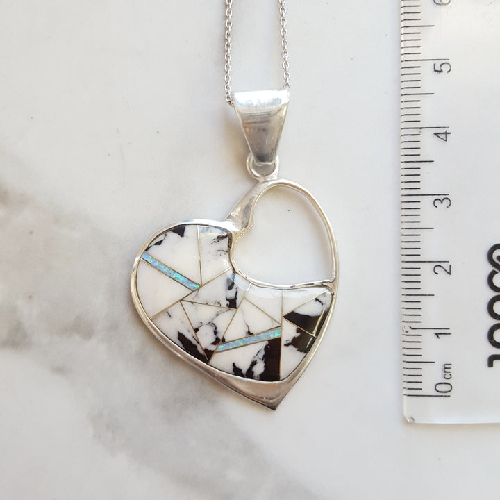 White Buffalo Turquoise & Opal Heart Pendant in Sterling Silver