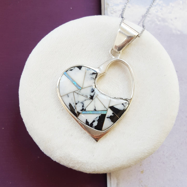 White Buffalo Turquoise & Opal Heart Pendant in Sterling Silver
