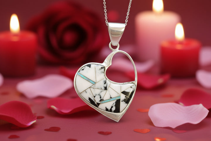 White Buffalo Turquoise & Opal Heart Pendant in Sterling Silver