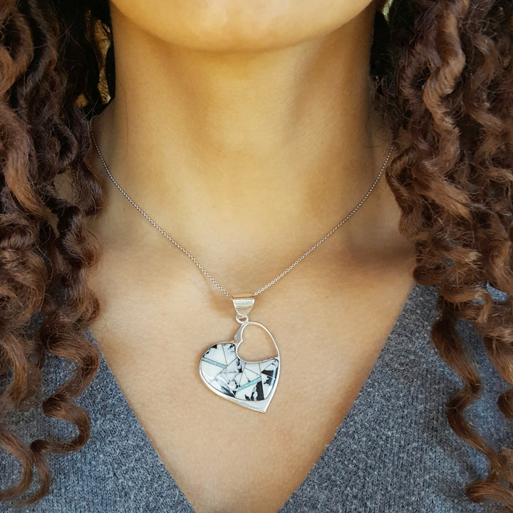 White Buffalo Turquoise & Opal Heart Pendant in Sterling Silver