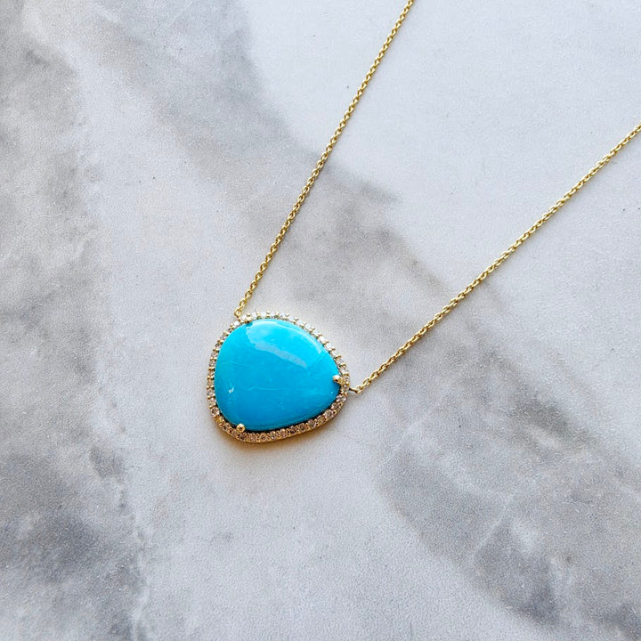 14k Yellow Gold Freeform Turquoise Haloed Necklace