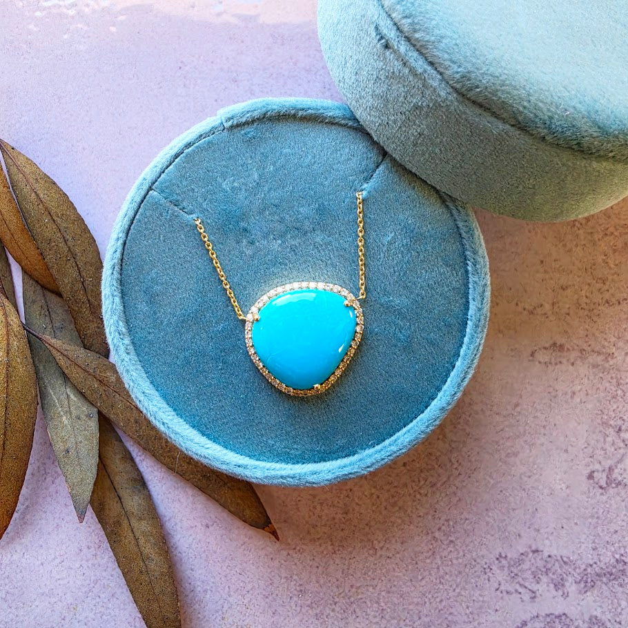 14k Yellow Gold Freeform Turquoise Haloed Necklace