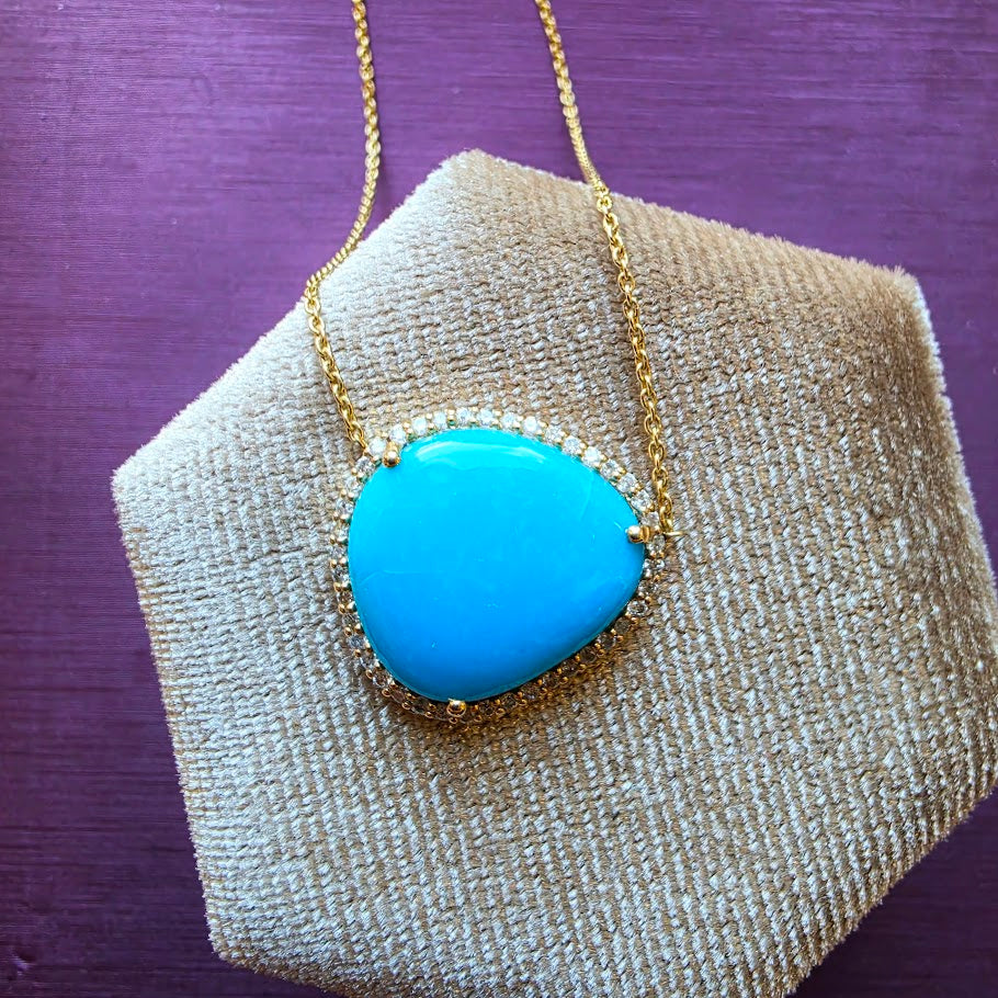 14k Yellow Gold Freeform Turquoise Haloed Necklace