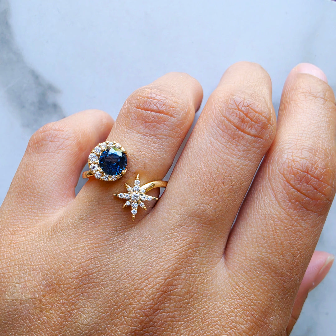 14K Yellow Gold Montana Sapphire and Diamond Moon and Star Ring