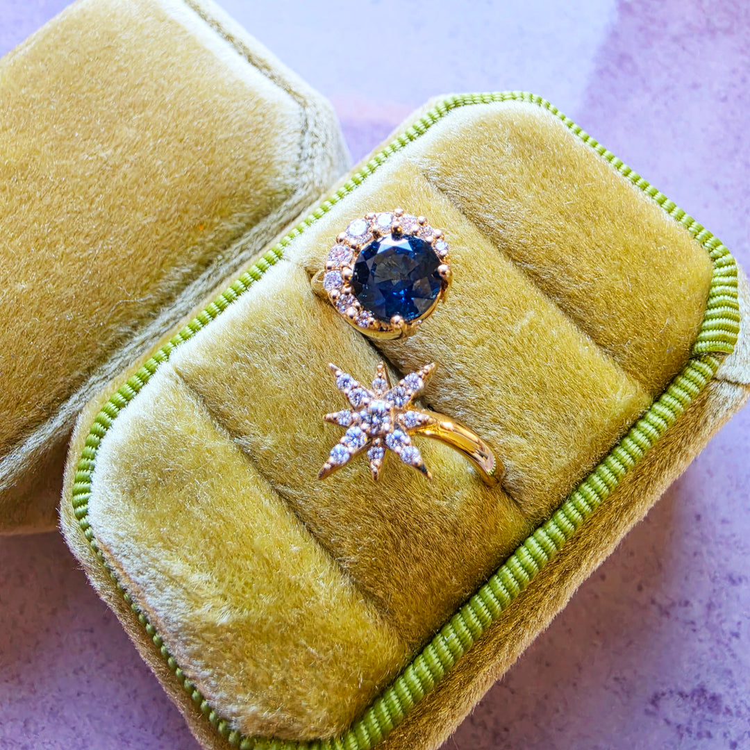 14K Yellow Gold Montana Sapphire and Diamond Moon and Star Ring