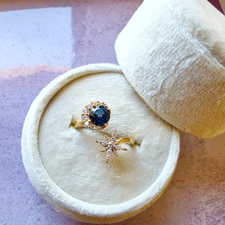 14K Yellow Gold Montana Sapphire and Diamond Moon and Star Ring