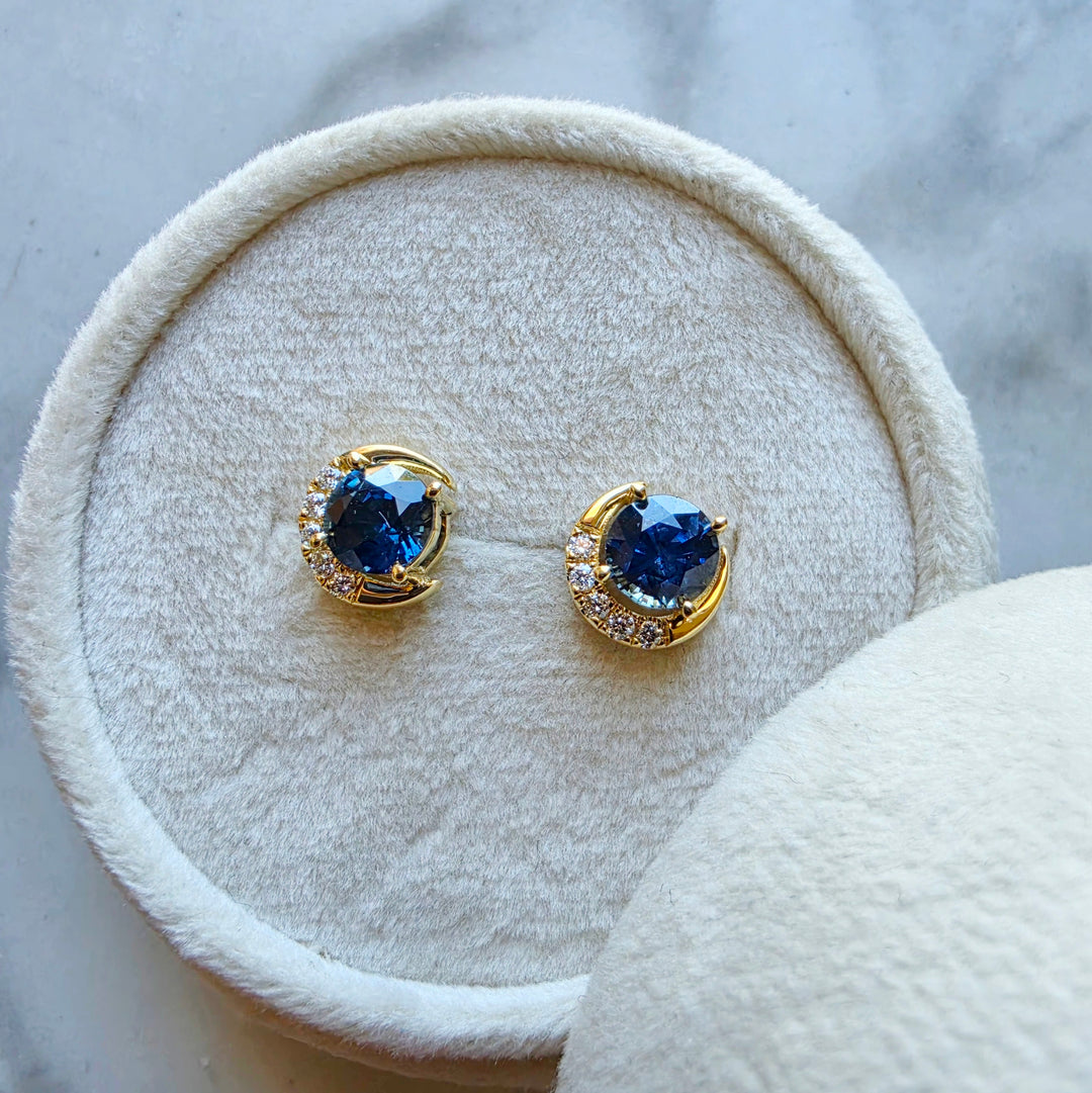 14K Yellow Gold Montana Sapphire and Diamond Half Moon Stud Earrings