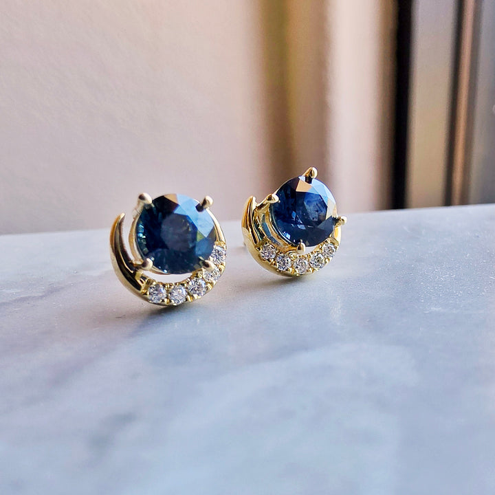 14K Yellow Gold Montana Sapphire and Diamond Half Moon Stud Earrings