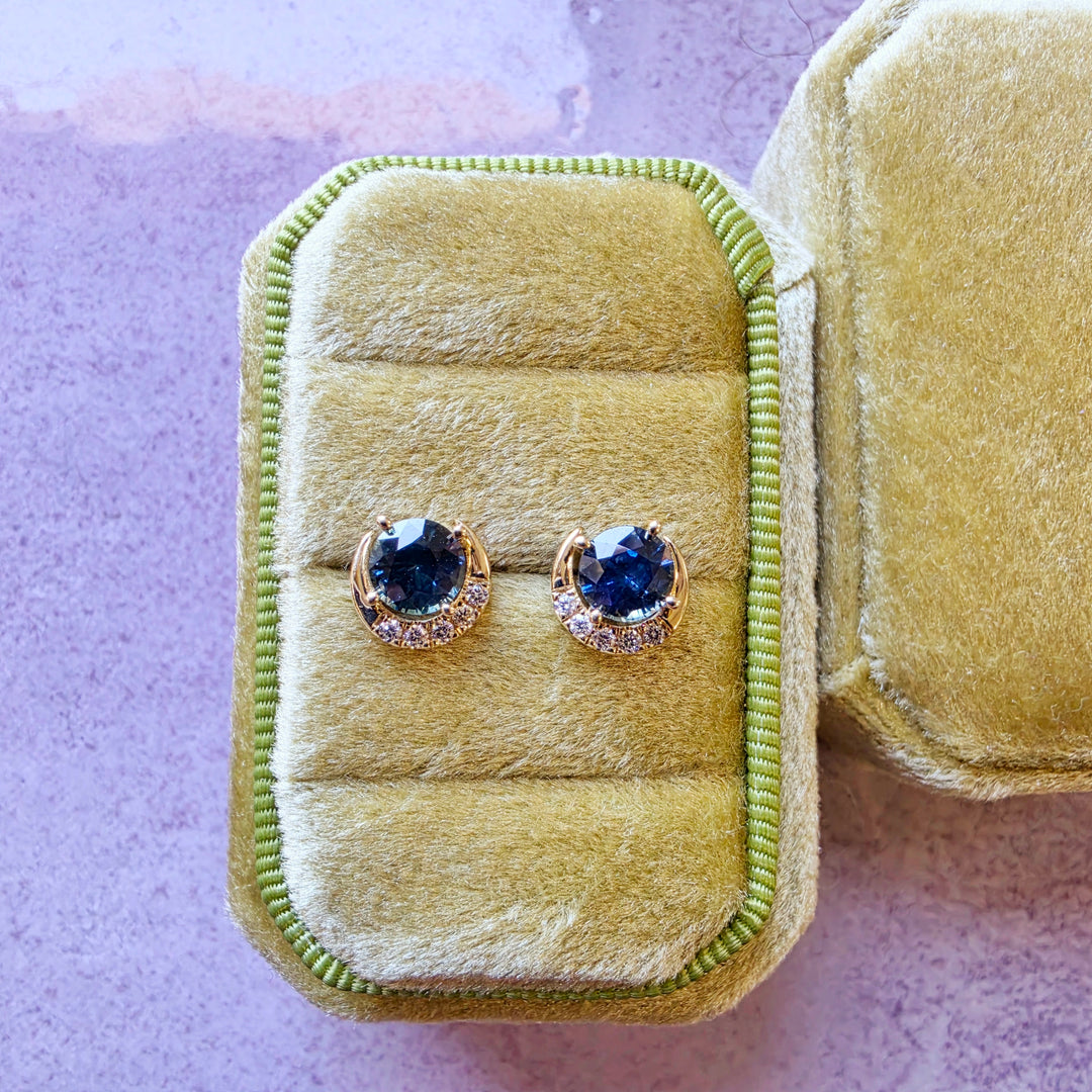 14K Yellow Gold Montana Sapphire and Diamond Half Moon Stud Earrings