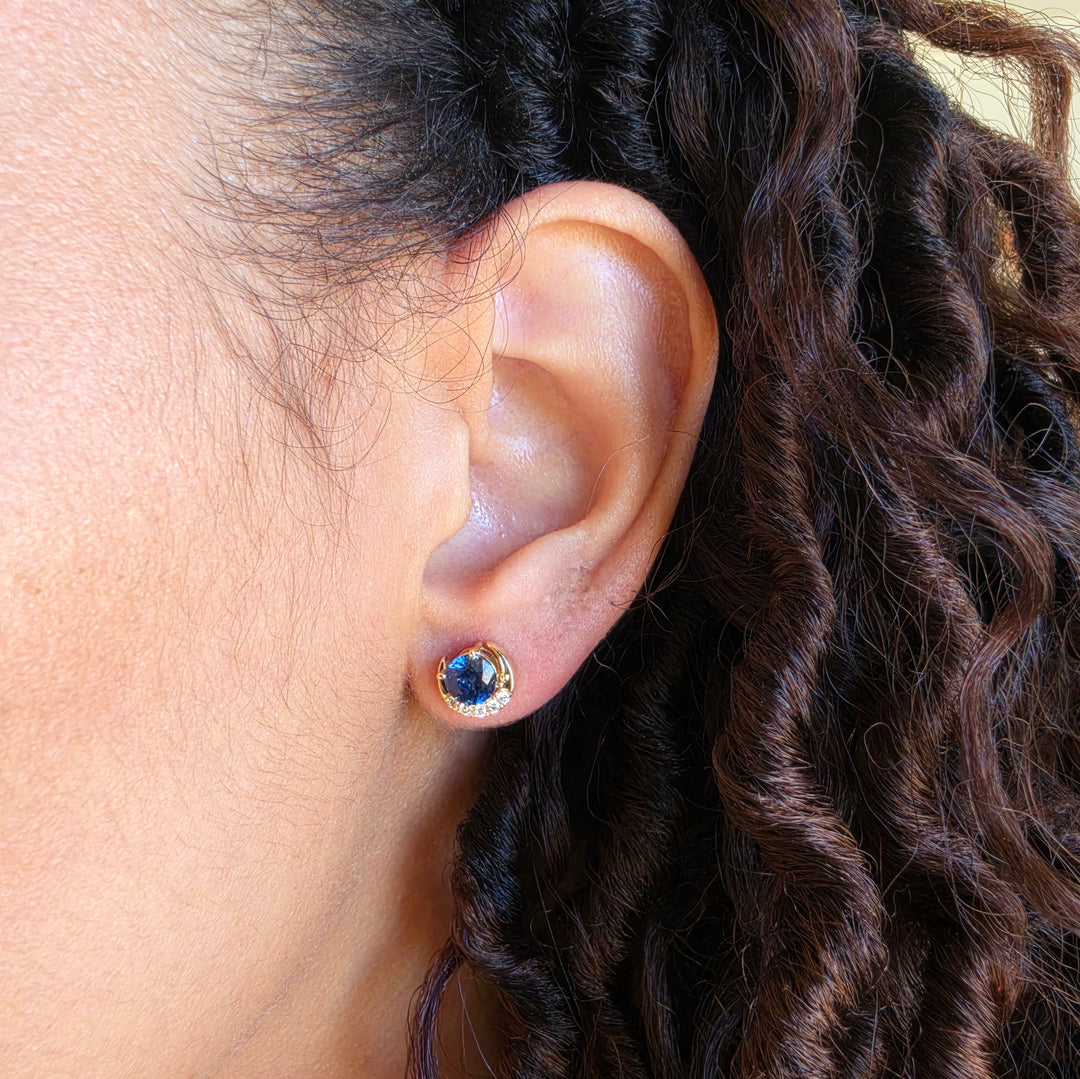 14K Yellow Gold Montana Sapphire and Diamond Half Moon Stud Earrings
