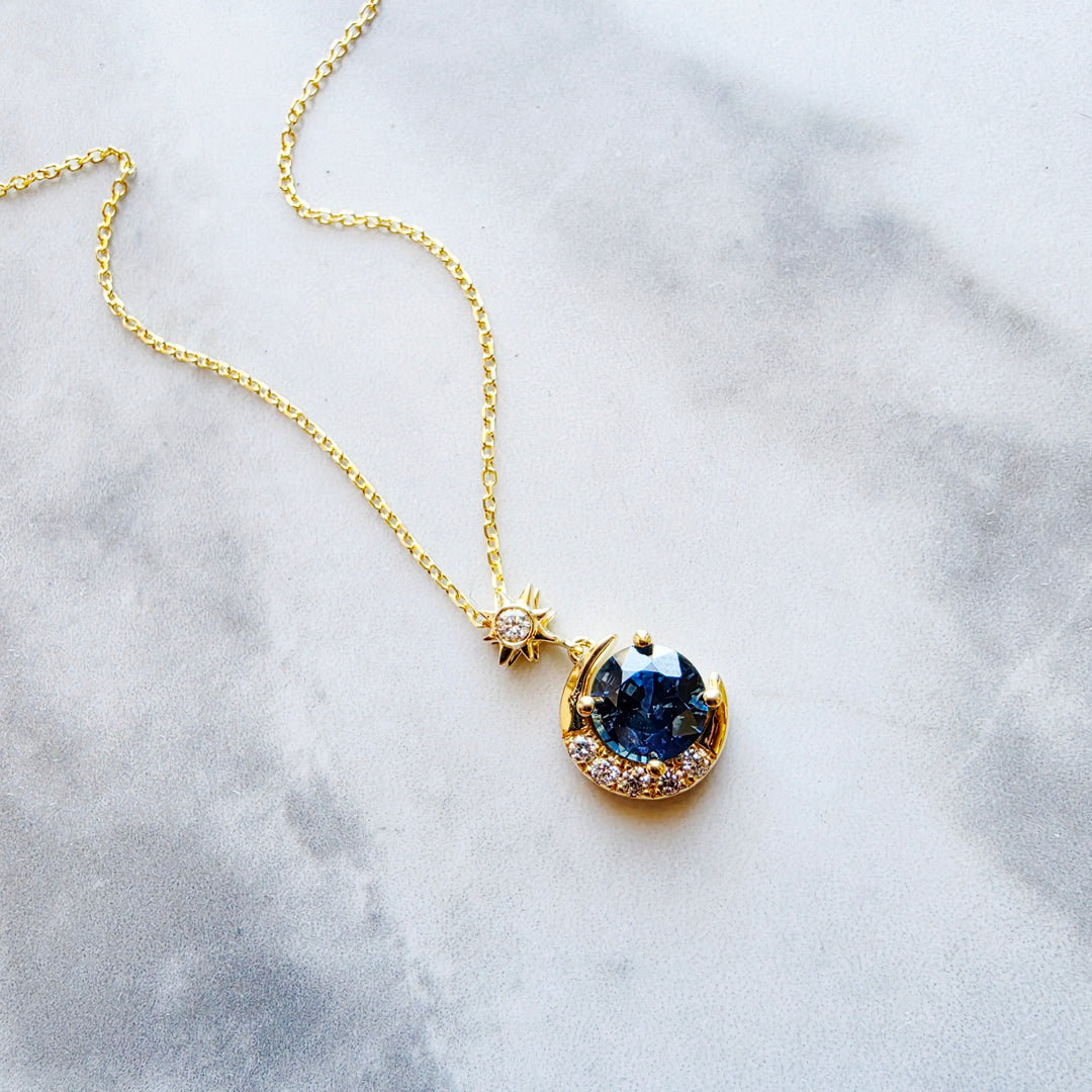 14K Yellow Gold Half Moon and Star Montana Sapphire and Diamond Pendant