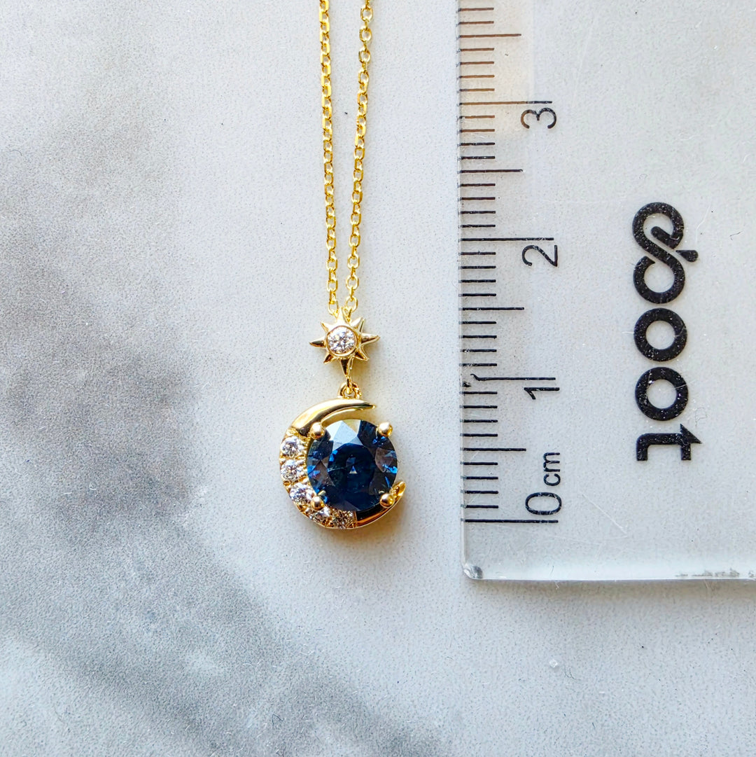14K Yellow Gold Half Moon and Star Montana Sapphire and Diamond Pendant