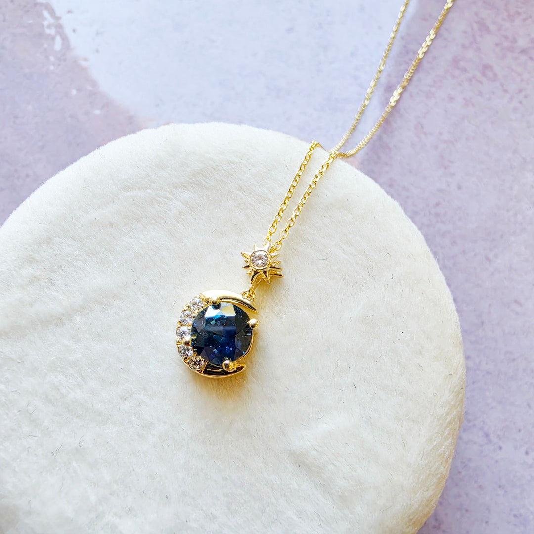 14K Yellow Gold Half Moon and Star Montana Sapphire and Diamond Pendant
