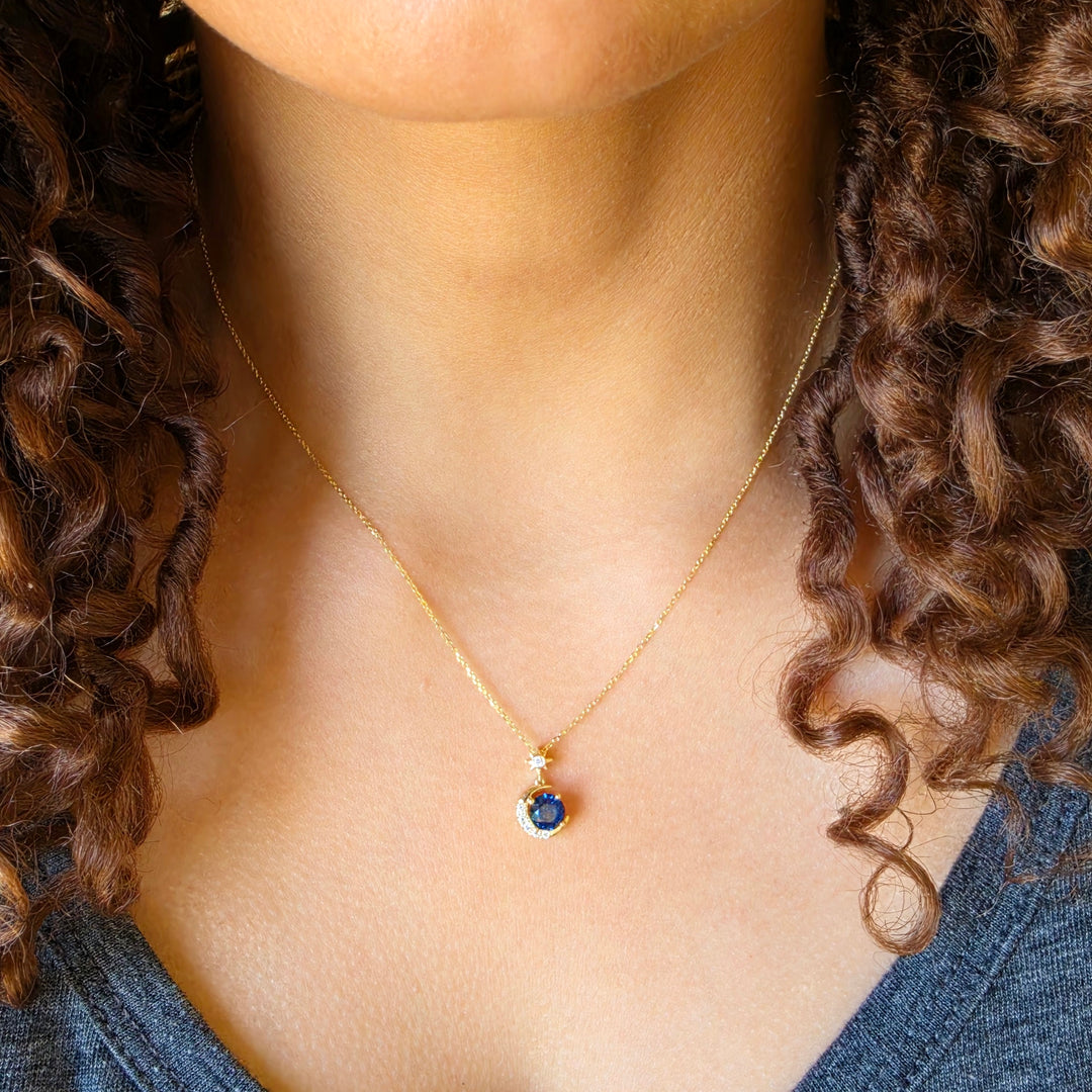 14K Yellow Gold Half Moon and Star Montana Sapphire and Diamond Pendant