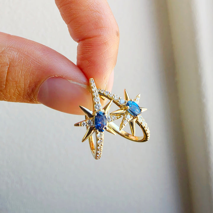 14K Yellow Gold Montana Sapphire and Diamond Celestial Hoops