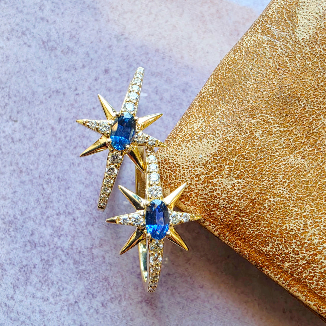 14K Yellow Gold Montana Sapphire and Diamond Celestial Hoops