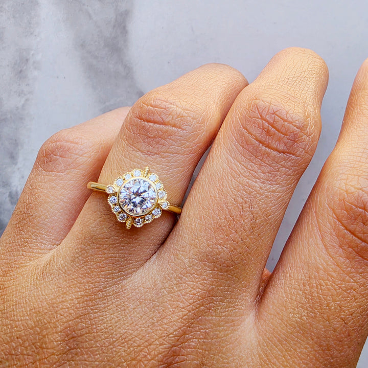 14k Yellow Gold Vintage Inspired Floral Halo Diamond Engagement Ring