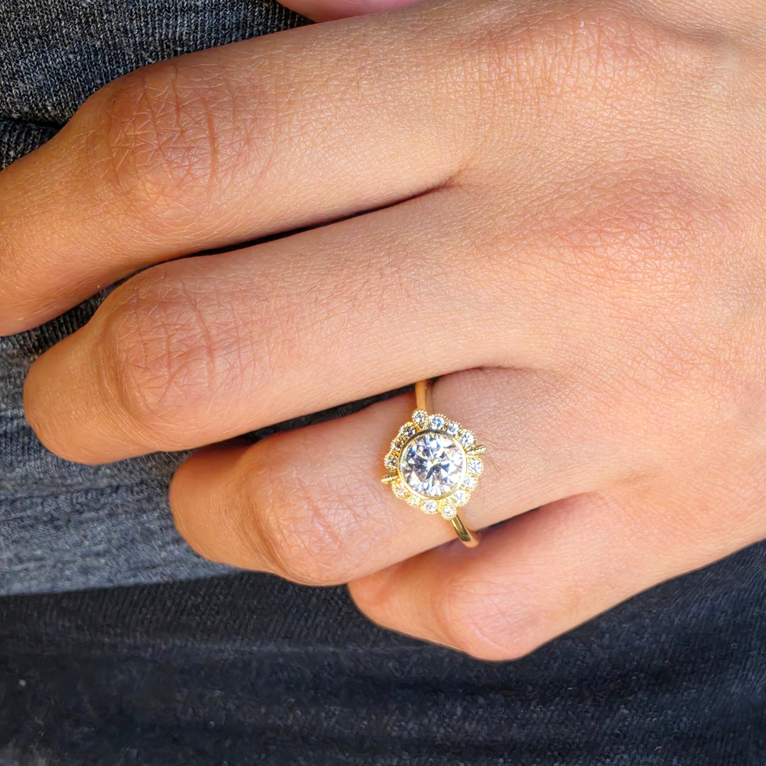 14k Yellow Gold Vintage Inspired Floral Halo Diamond Engagement Ring