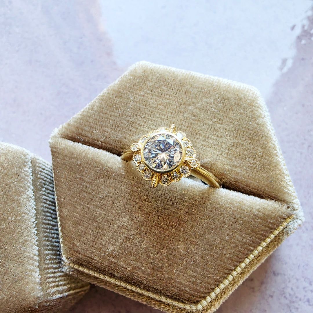 14k Yellow Gold Vintage Inspired Floral Halo Diamond Engagement Ring