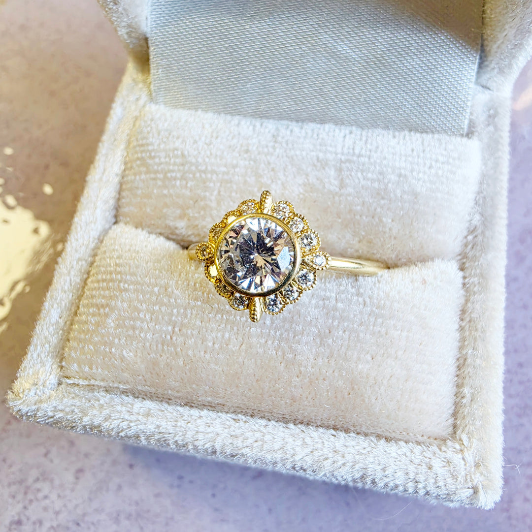14k Yellow Gold Vintage Inspired Floral Halo Diamond Engagement Ring