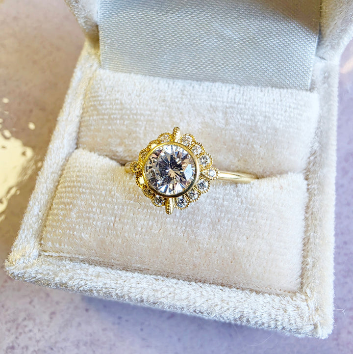 14k Yellow Gold Vintage Inspired Floral Halo Diamond Engagement Ring