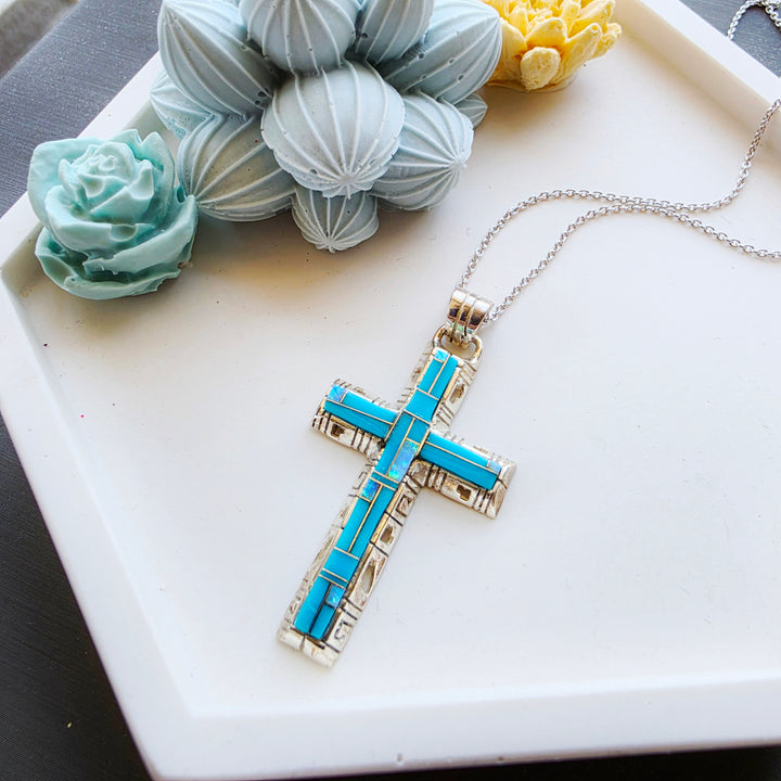Arizona Turquoise and Inlaid Jewelry Modern Cross Pendant