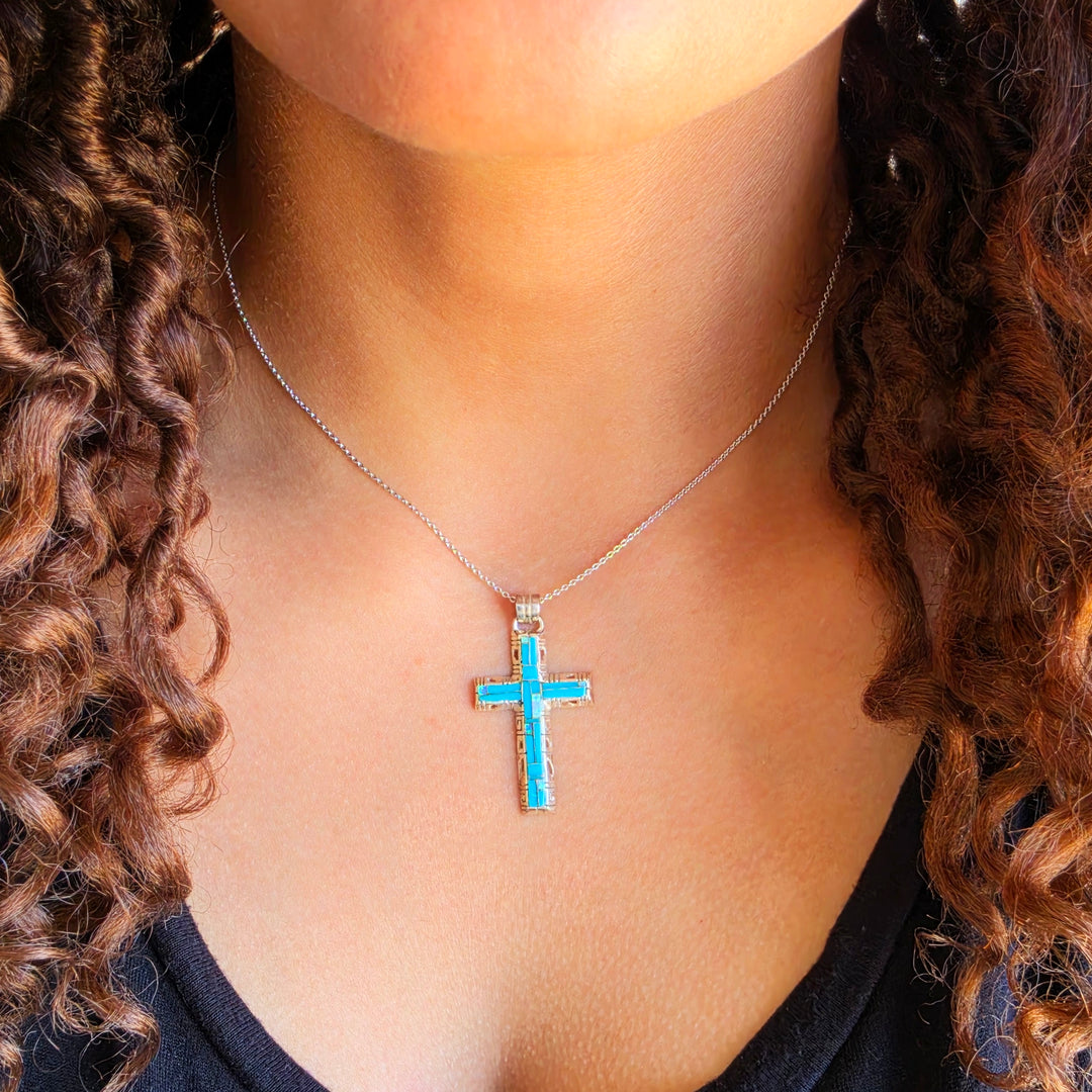 Arizona Turquoise and Inlaid Jewelry Modern Cross Pendant