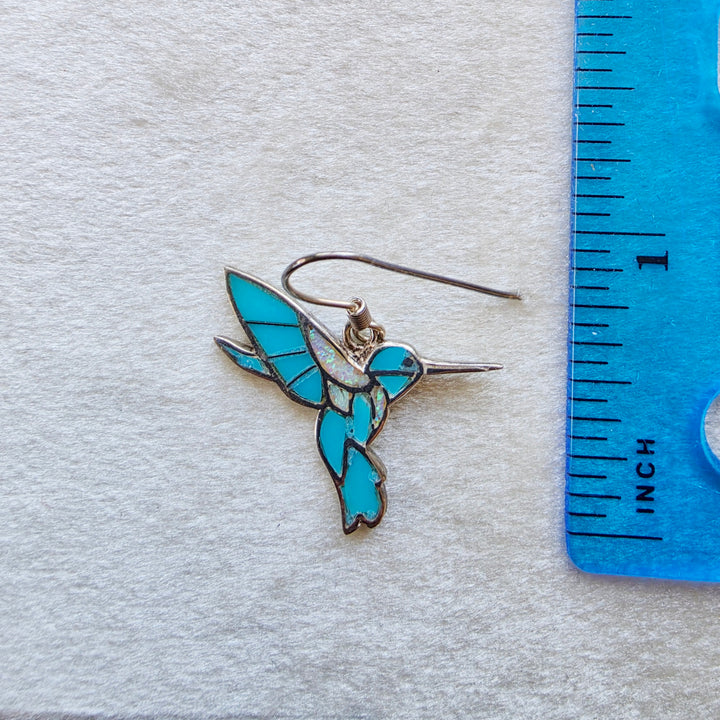 Sterling Silver Arizona Turquoise and Inlaid Jewelry Fluttering Hummingbird Earrings