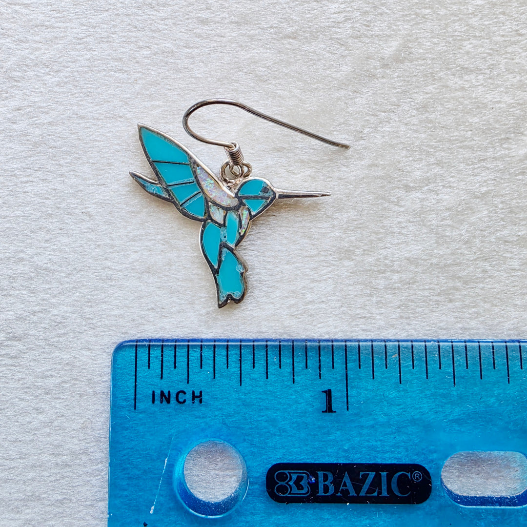 Sterling Silver Arizona Turquoise and Inlaid Jewelry Fluttering Hummingbird Earrings