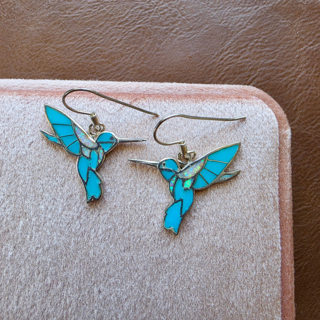 Sterling Silver Arizona Turquoise and Inlaid Jewelry Fluttering Hummingbird Earrings