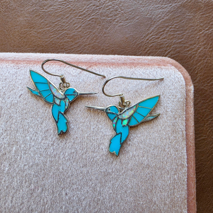 Sterling Silver Arizona Turquoise and Inlaid Jewelry Fluttering Hummingbird Earrings