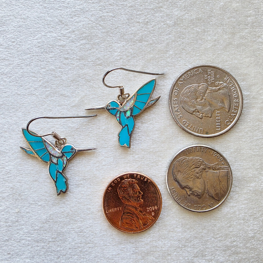 Sterling Silver Arizona Turquoise and Inlaid Jewelry Fluttering Hummingbird Earrings