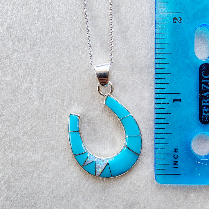 Sterling Silver American Turquoise and Created Opal Inlaid Horseshoe Pendant