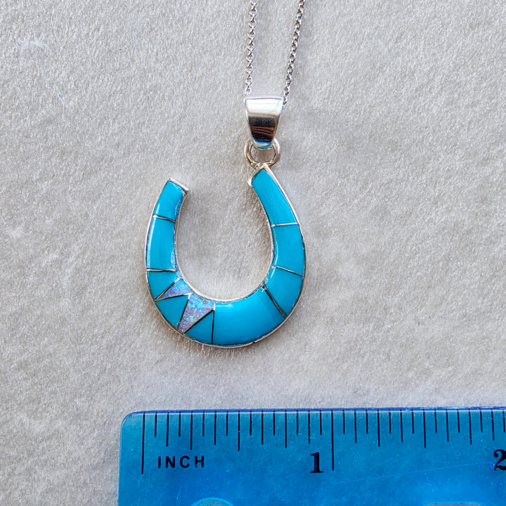 Sterling Silver American Turquoise and Created Opal Inlaid Horseshoe Pendant