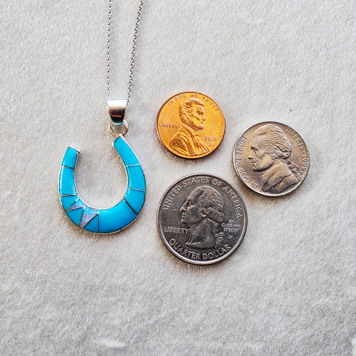 Sterling Silver American Turquoise and Created Opal Inlaid Horseshoe Pendant