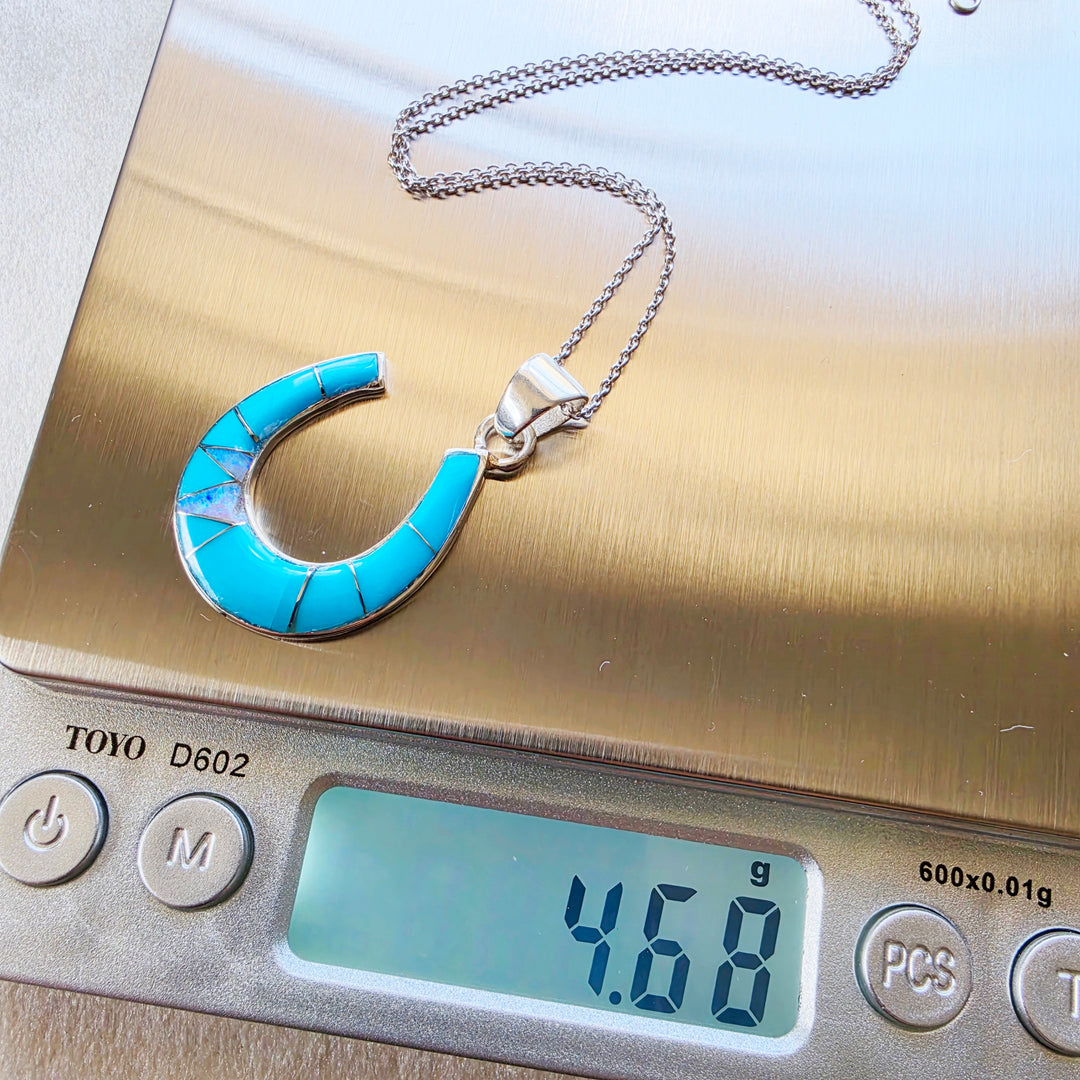 Sterling Silver American Turquoise and Created Opal Inlaid Horseshoe Pendant