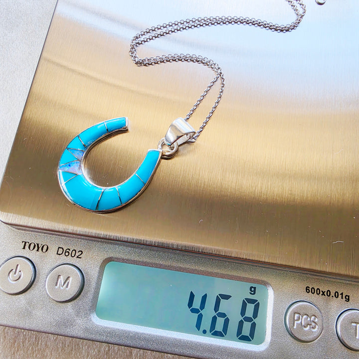 Sterling Silver American Turquoise and Created Opal Inlaid Horseshoe Pendant