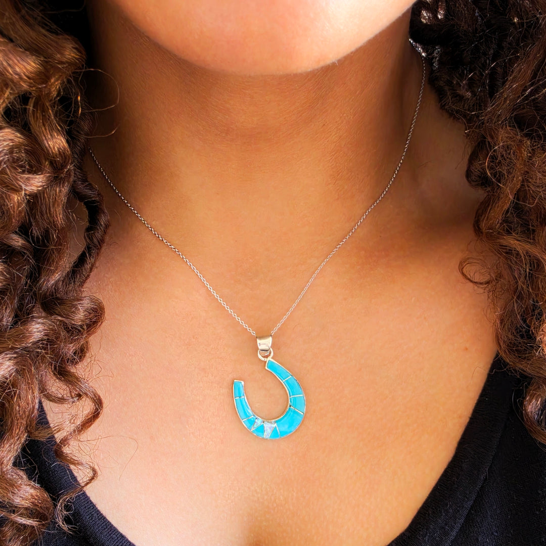 Sterling Silver American Turquoise and Created Opal Inlaid Horseshoe Pendant