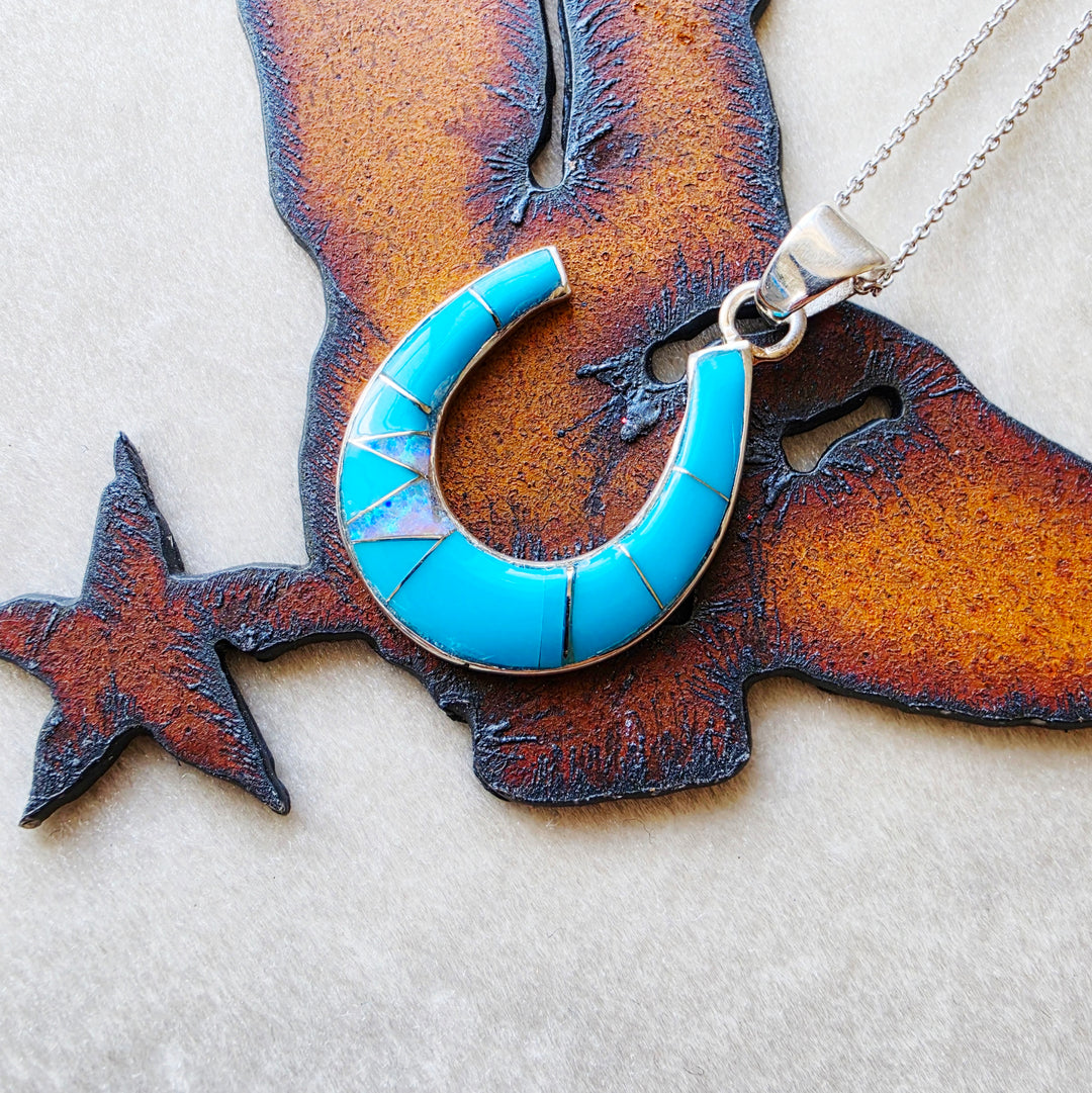 Sterling Silver American Turquoise and Created Opal Inlaid Horseshoe Pendant