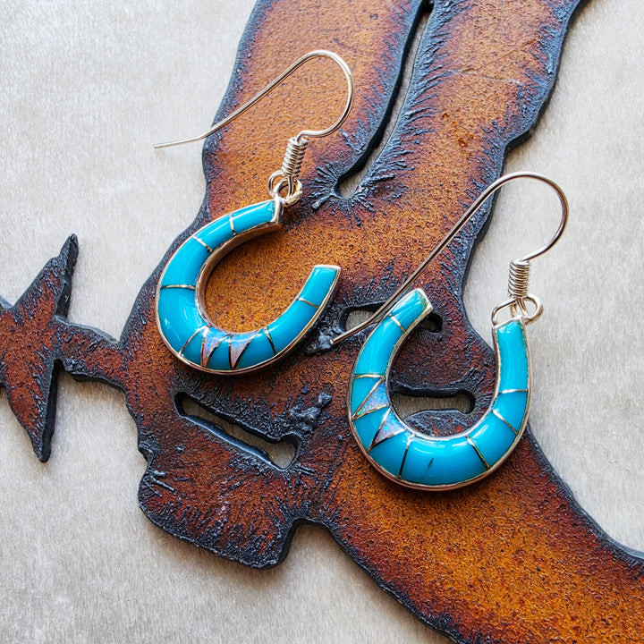 Arizona Turquoise and Inlaid Jewelry Turquoise Horseshoe Dangle Earrings
