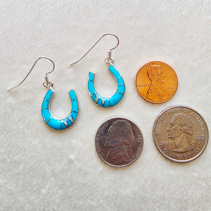 Arizona Turquoise and Inlaid Jewelry Turquoise Horseshoe Dangle Earrings