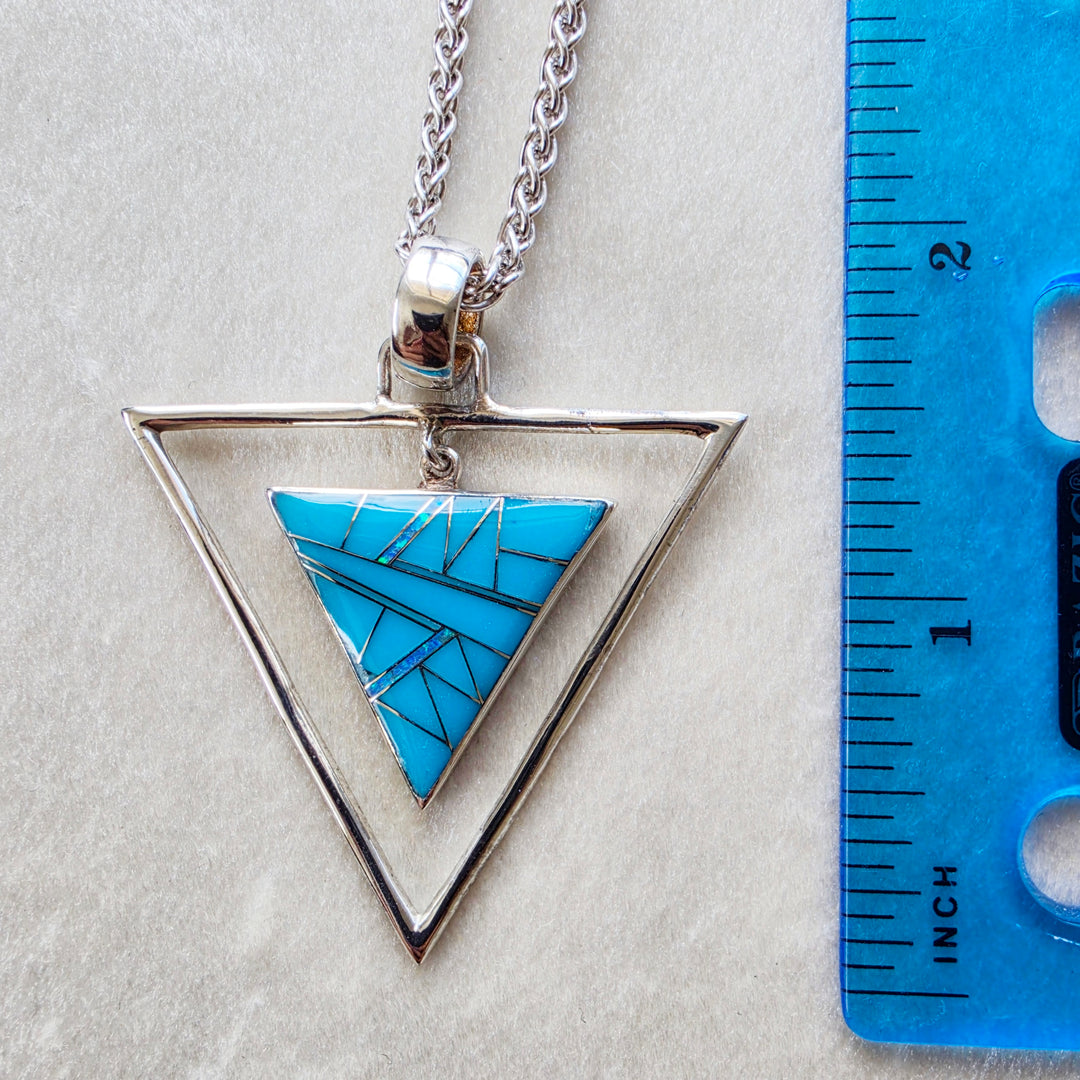 Sterling Silver Arizona Turquoise and Opal Double Triangle Pendant