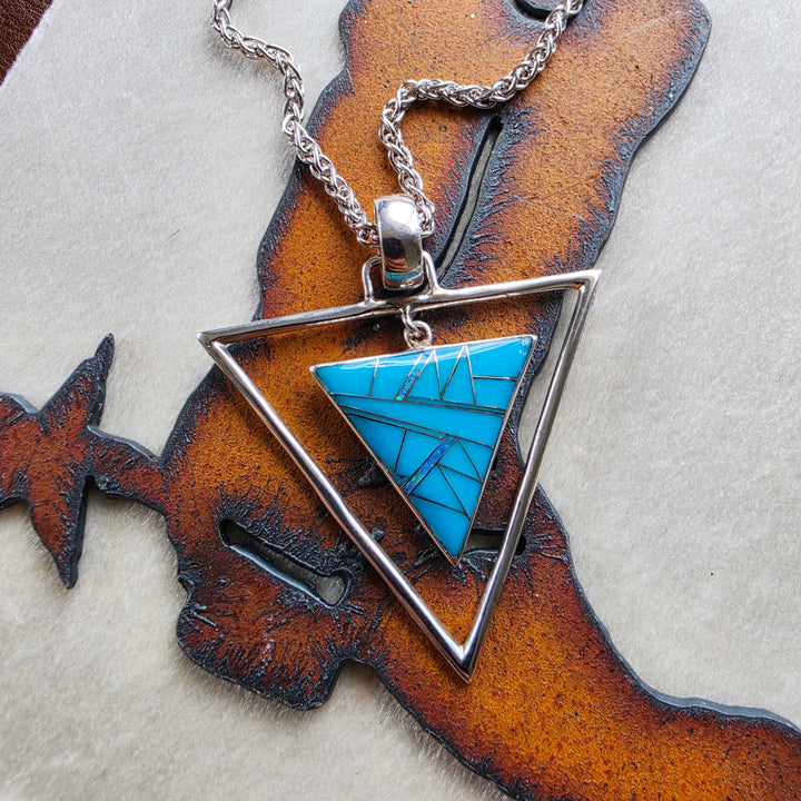 Sterling Silver Arizona Turquoise and Opal Double Triangle Pendant