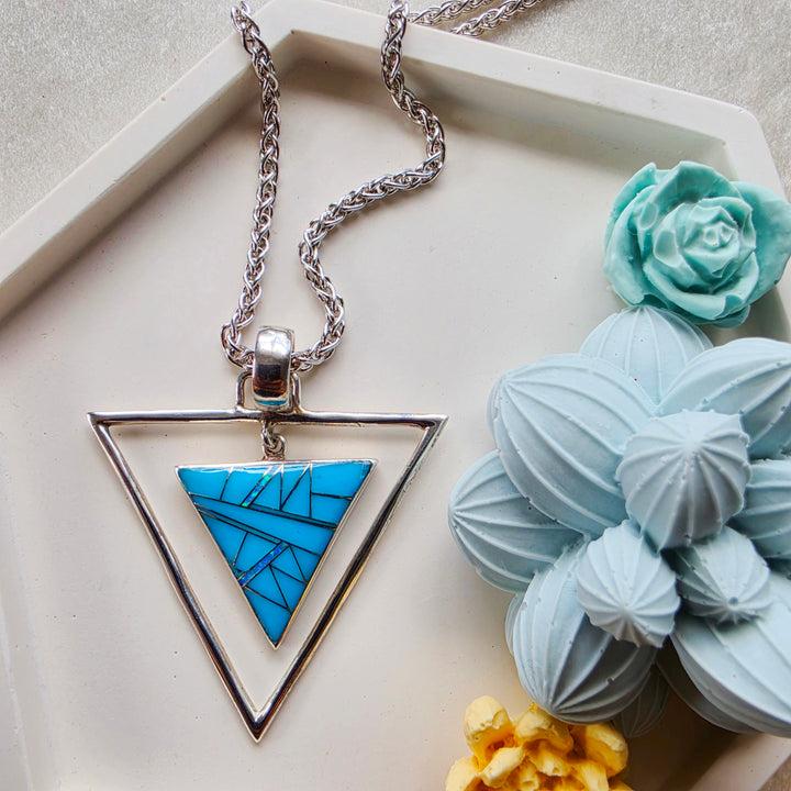 Sterling Silver Arizona Turquoise and Opal Double Triangle Pendant