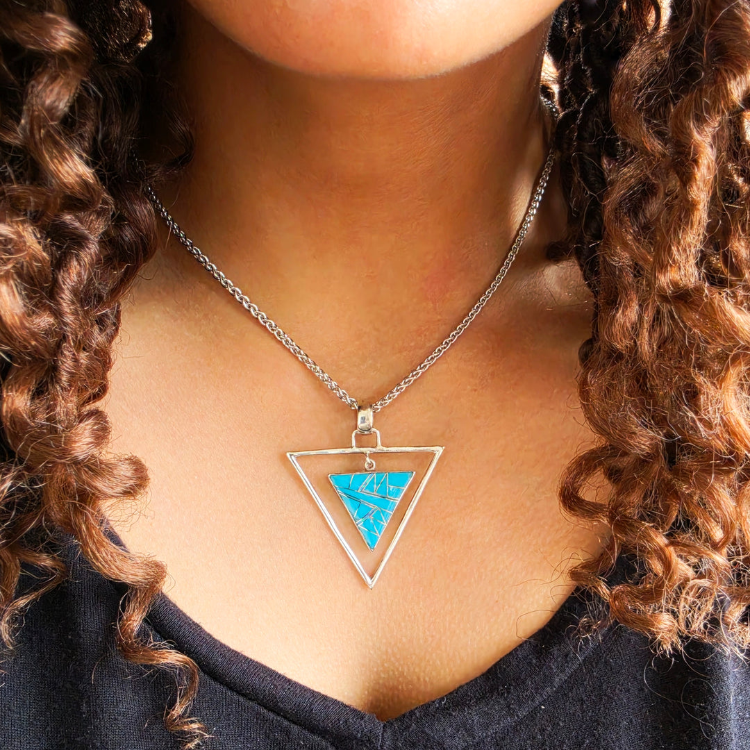 Sterling Silver Arizona Turquoise and Opal Double Triangle Pendant