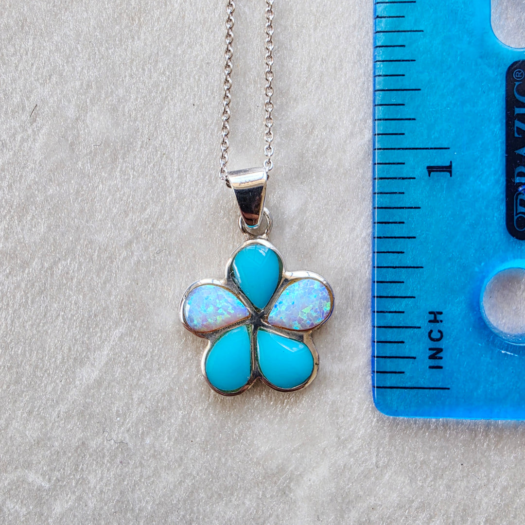 Sterling Silver American Turquoise and Created Opal Inlaid Flower Blossom Pendant