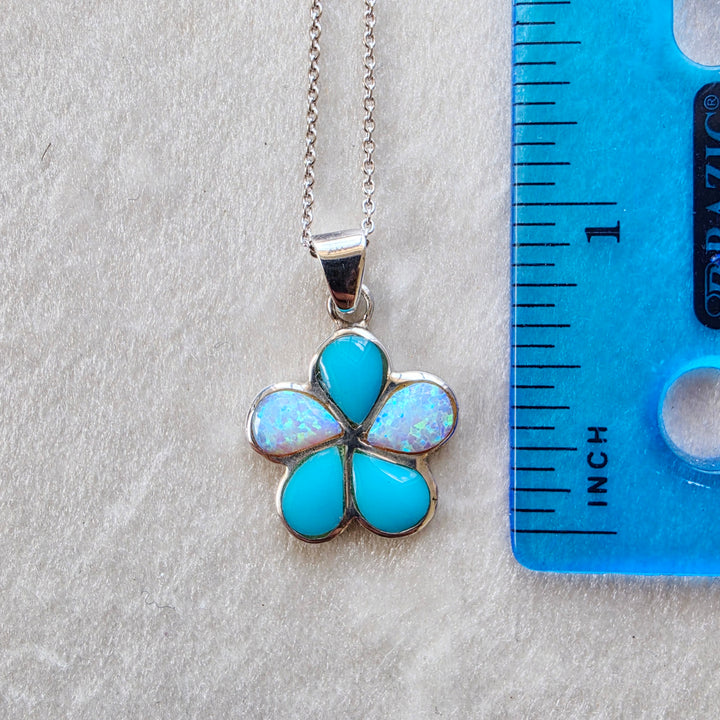 Sterling Silver American Turquoise and Created Opal Inlaid Flower Blossom Pendant