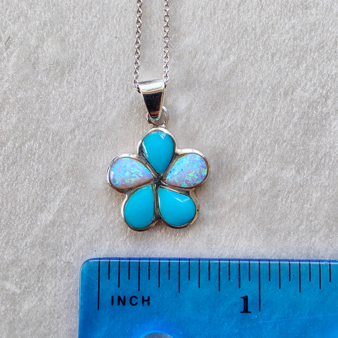 Sterling Silver American Turquoise and Created Opal Inlaid Flower Blossom Pendant