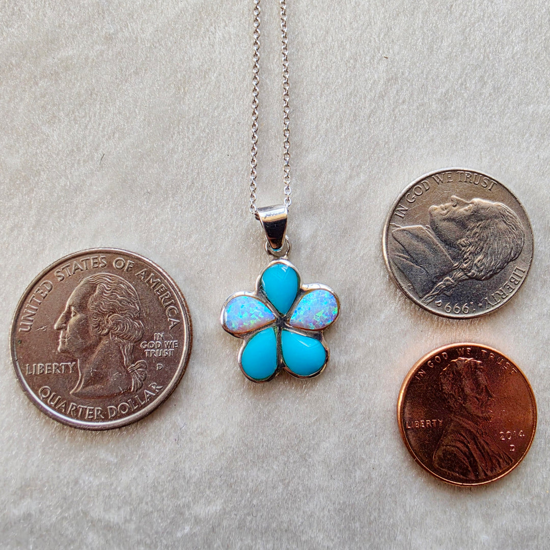Sterling Silver American Turquoise and Created Opal Inlaid Flower Blossom Pendant