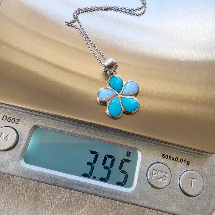 Sterling Silver American Turquoise and Created Opal Inlaid Flower Blossom Pendant
